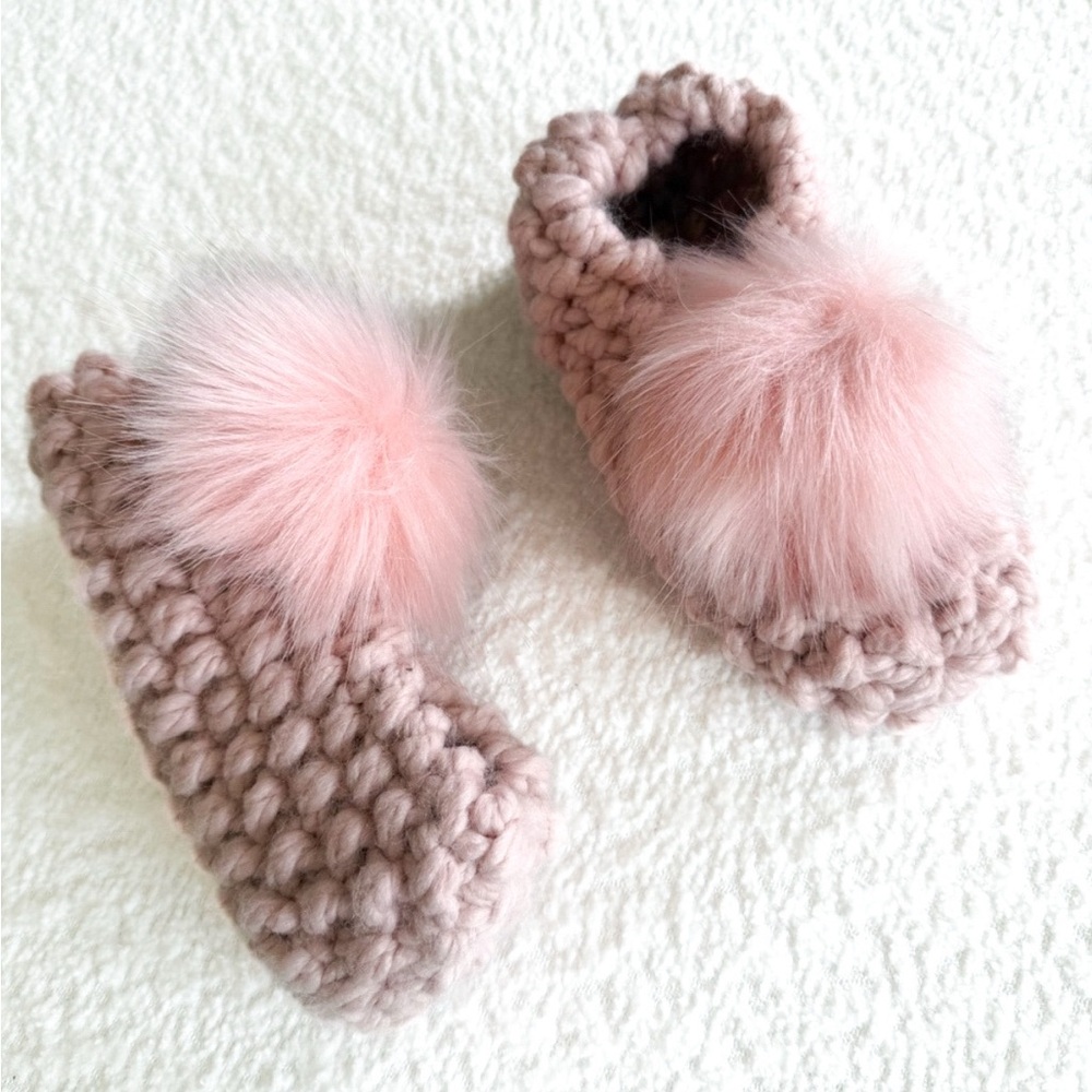 Hand knit Cozy Slippers w Poms